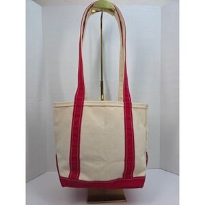 LL Bean Boat and Tote Canvas Bag Red Cream Long Handles Medium Open Top
